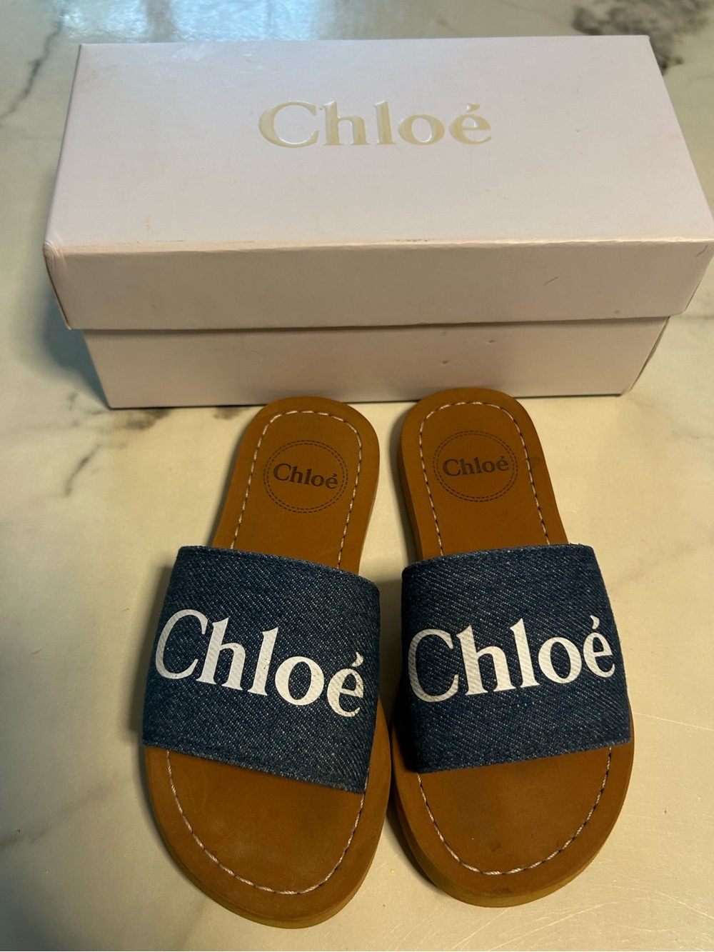 Kids Denim Chloè Logo Slide Sandals in Blue size 28 (11 US girls)